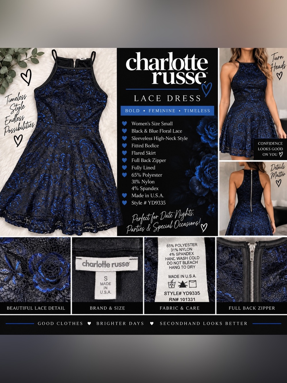 Charlotte Russe Black & Blue Floral Lace High-Neck Fit-and-Flare Mini Dress